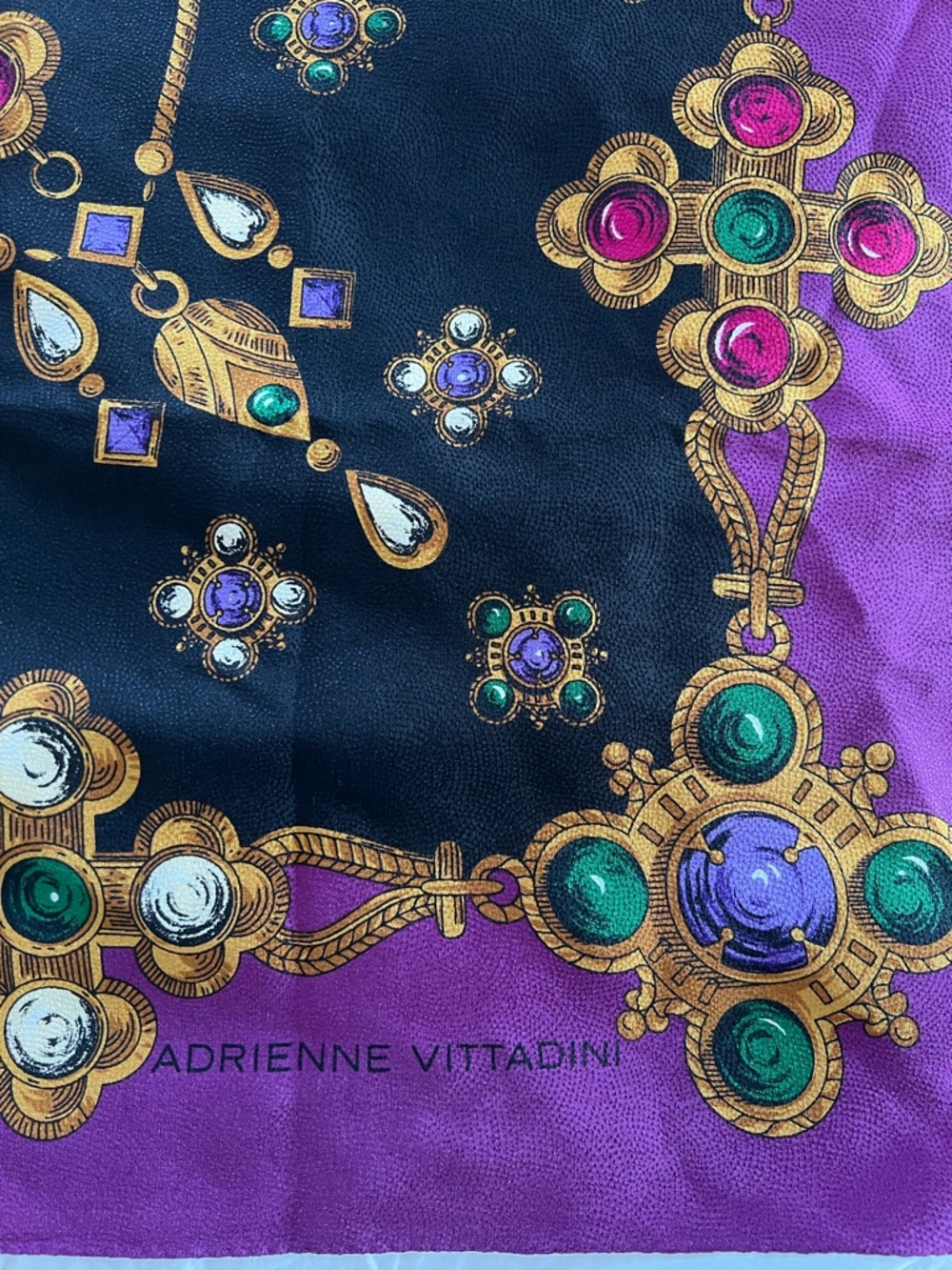 Adrienne Vittadini Square Scarf Jewelry Chain Print Purple Gold Vintage Style - Picture 2 of 6